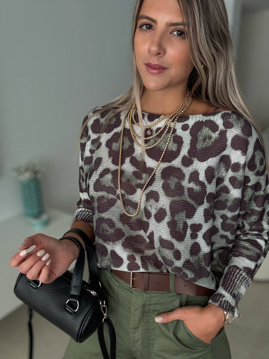 GREEN OLIVE LEOPARD SWEATER BLOUSE