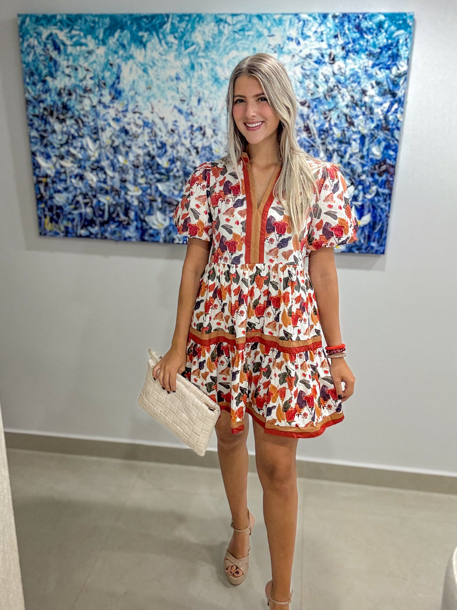 FALL COLORS PRINTED SHORT SLEEVES DRESS