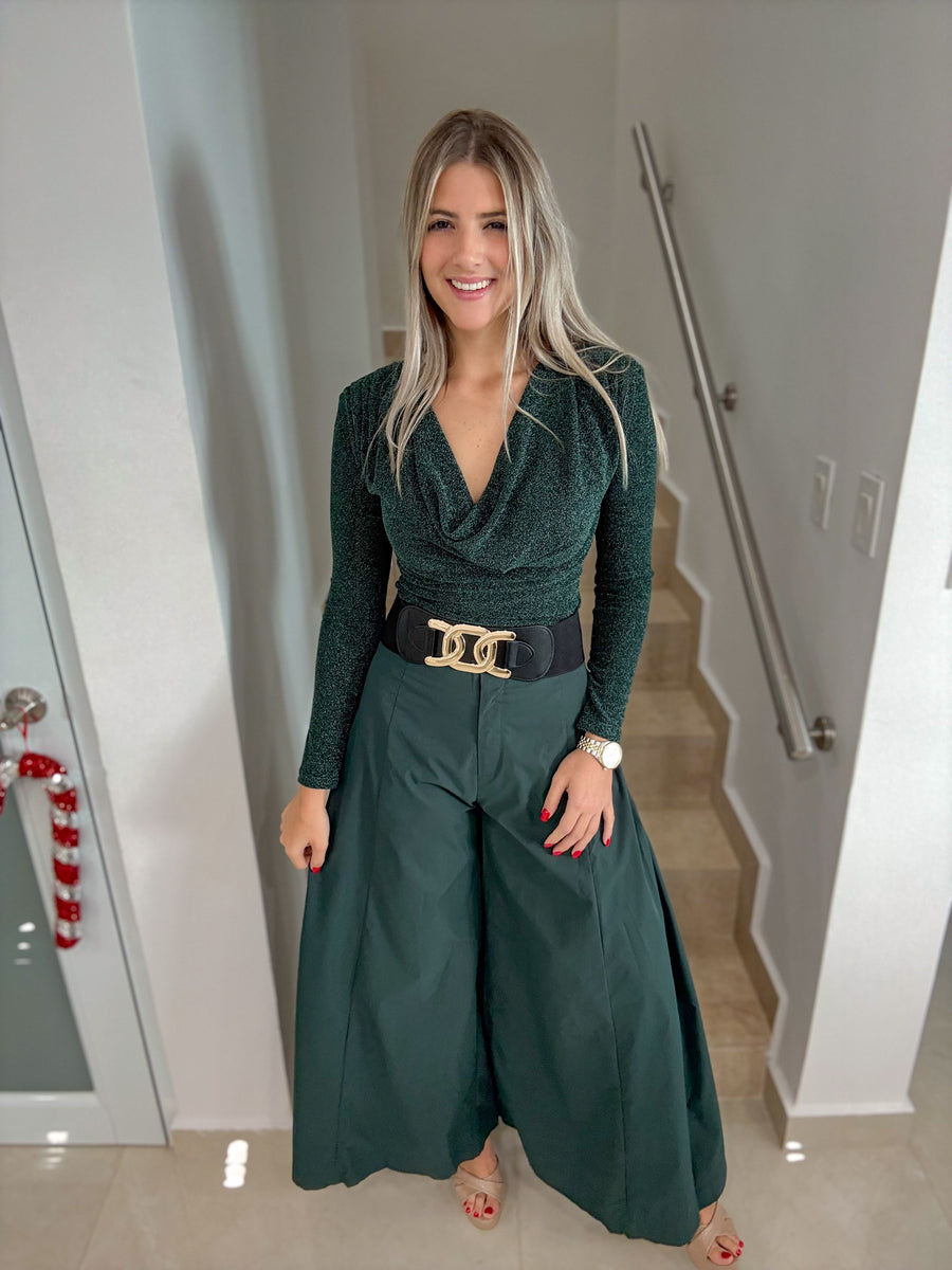 HUNTER GREEN METALLIC LONG SLEEVE COWL NECK BLOUSE