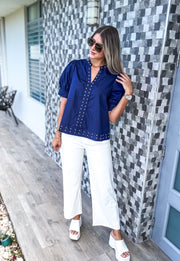 NAVY STUDDED BLOUSE