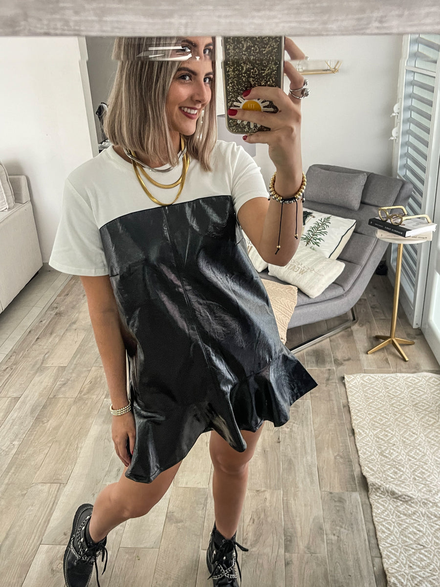 BLACK KNIT & FAUX LEATHER DRESS