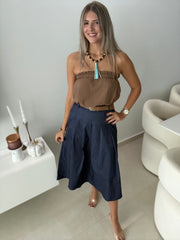 DENIM BELTED STRETCHY MIDI SKIRT