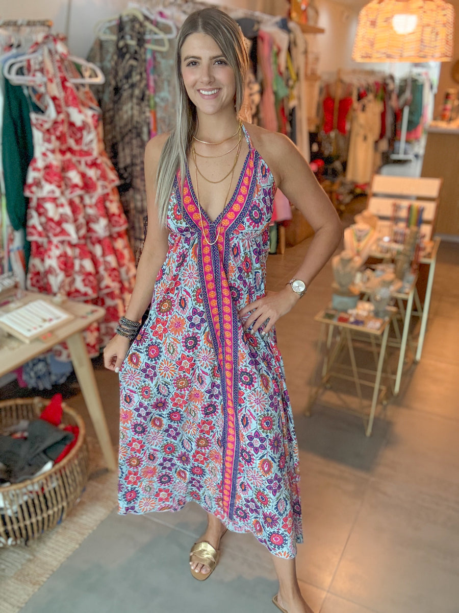 MULTICOLOR FLORAL HALTER MAXI DRESS
