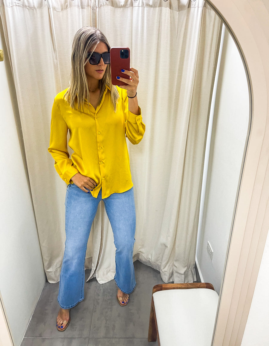 BRIGHT MUSTARD SATIN LONG SLEEVE BLOUSE