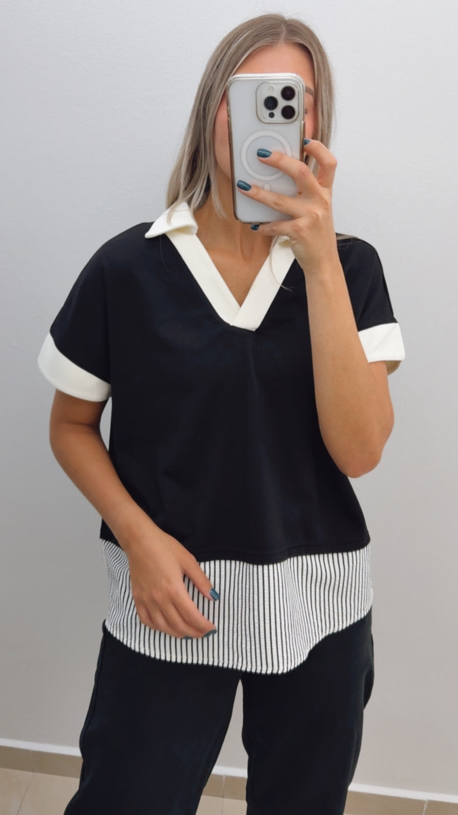 WHITE/BLACK STRIPED DETAILED MODAL BLOUSE