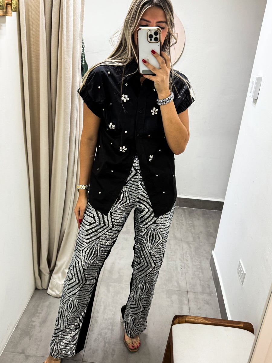 BLACK/SILVER SEQUIN STRETCHY PANTS