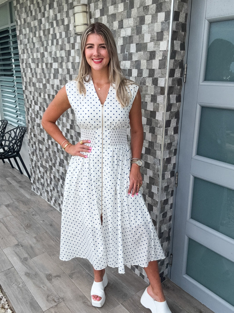 CREAM BLUE POLKA DOT ZIPPER DRESS