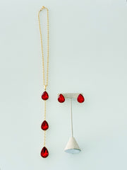 LONG GEM DROP NECKLACE SET ALL RED
