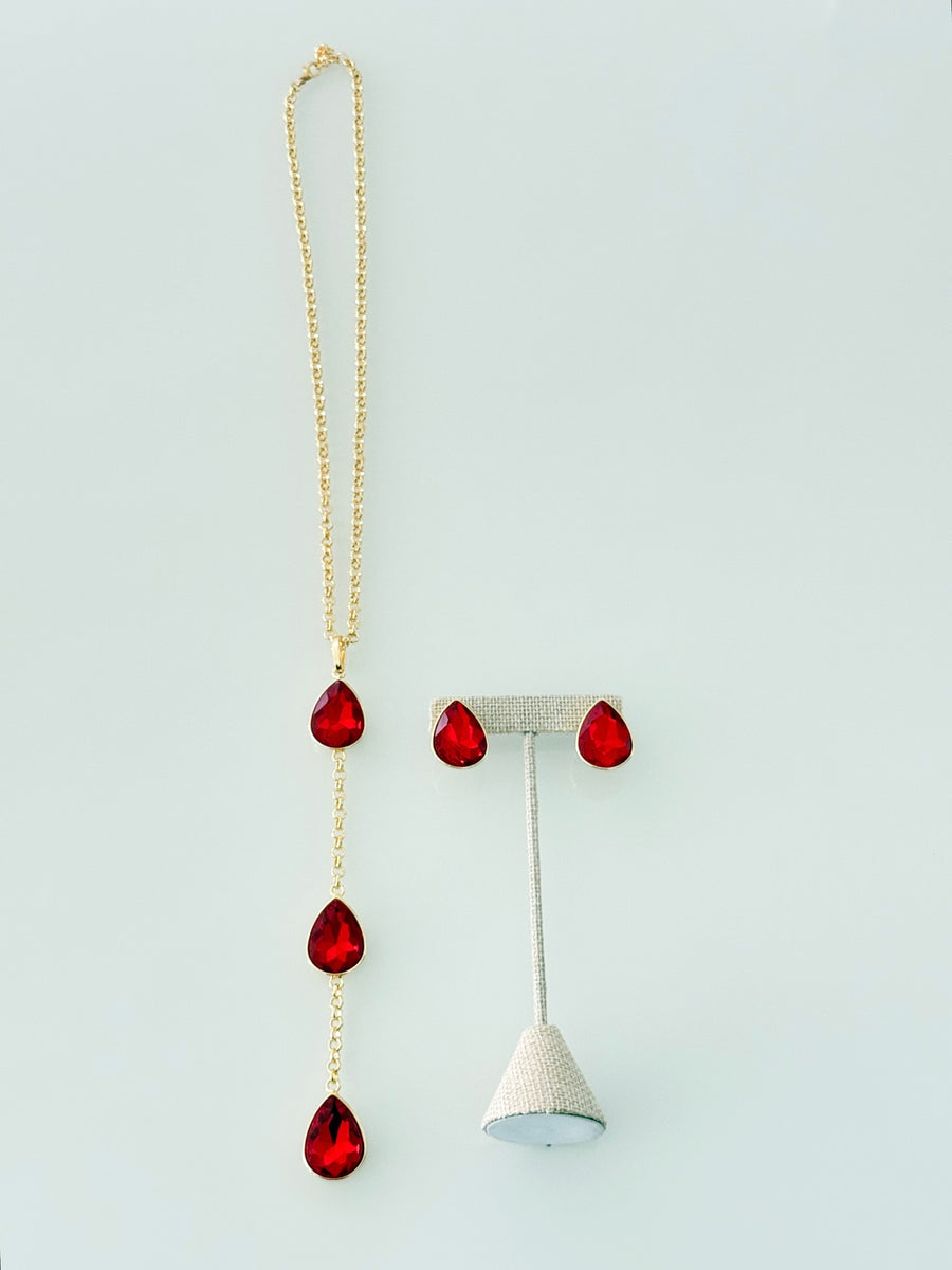 LONG GEM DROP NECKLACE SET ALL RED
