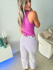 PURPLE STRIPED BARREL PANTS