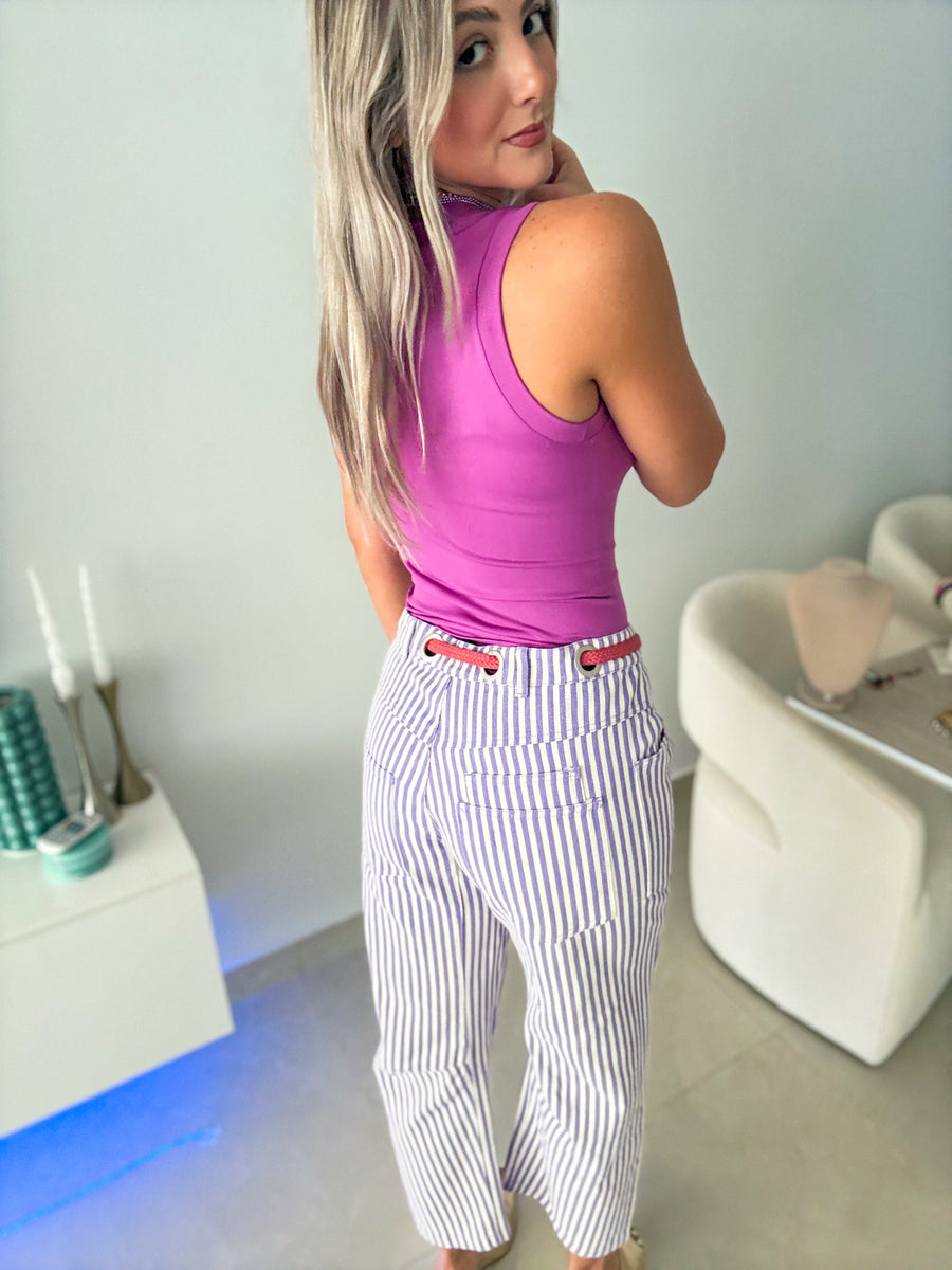 PURPLE STRIPED BARREL PANTS