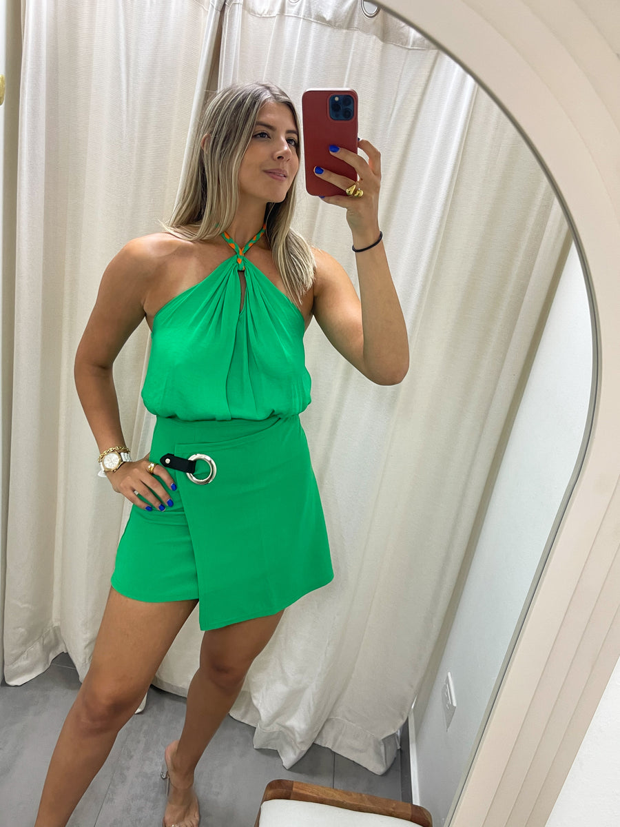 GREEN SATIN BRAIDED TOP