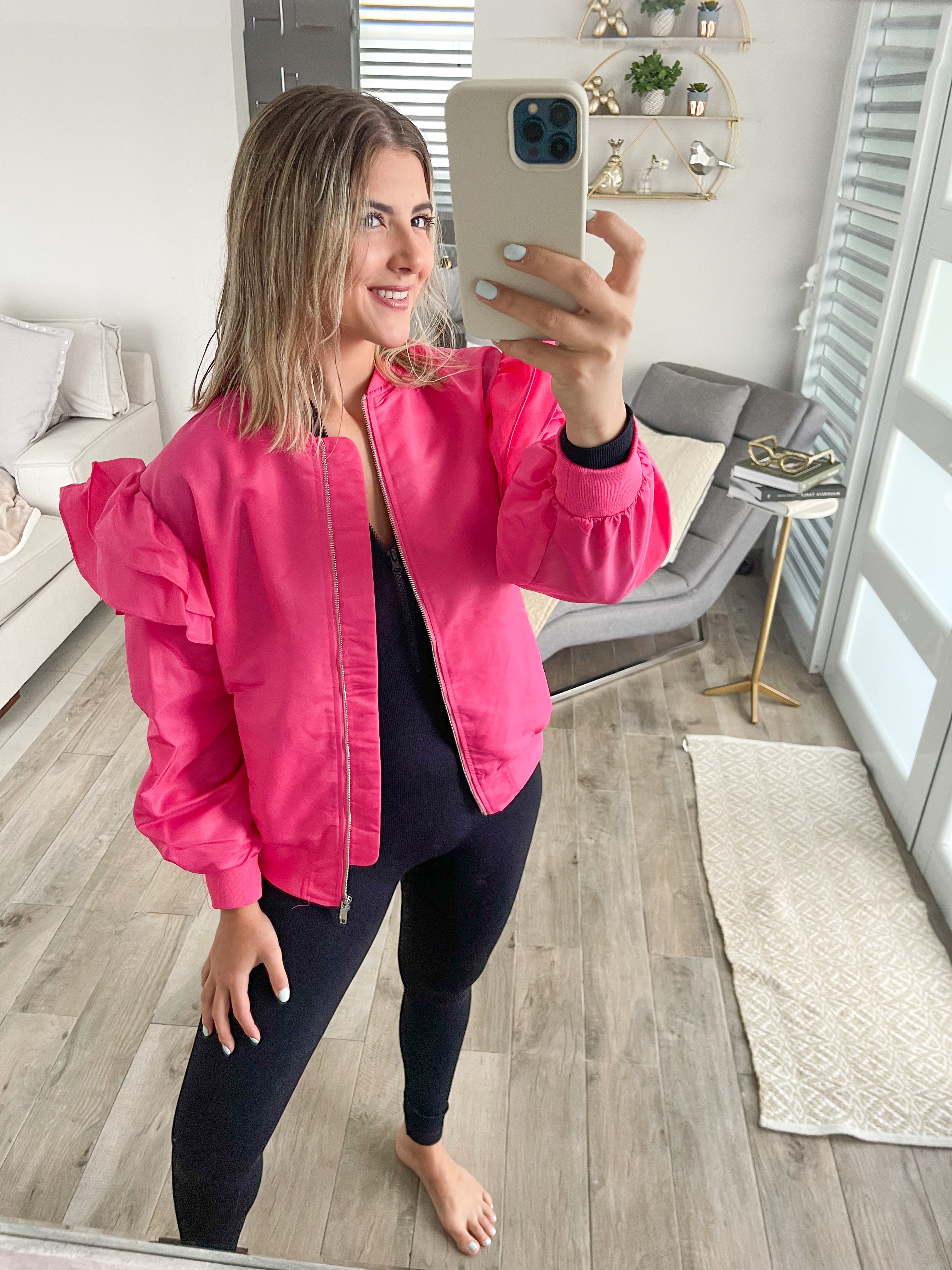 HOT PINK NYLON  BOMBER JACKET