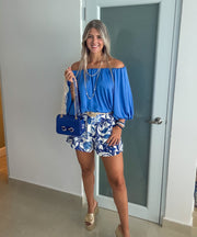 BLUE SATIN OFF SHOULDER BLOUSE