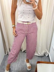 WINE STRIPED BARREL PANTS