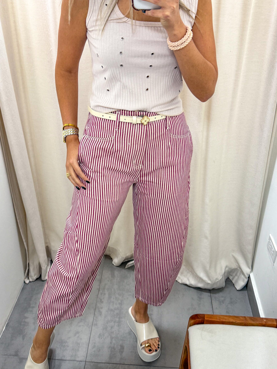 WINE STRIPED BARREL PANTS