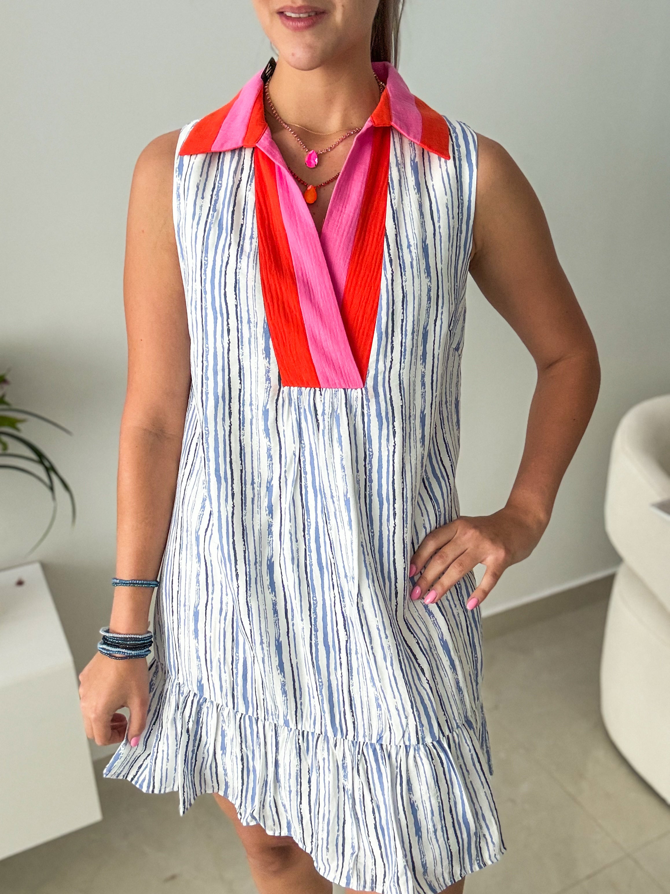 SLEEVELESS NEON COLLAR SHORT DRESS