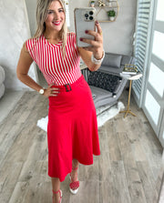 RED STRIPED BELTED DRESS