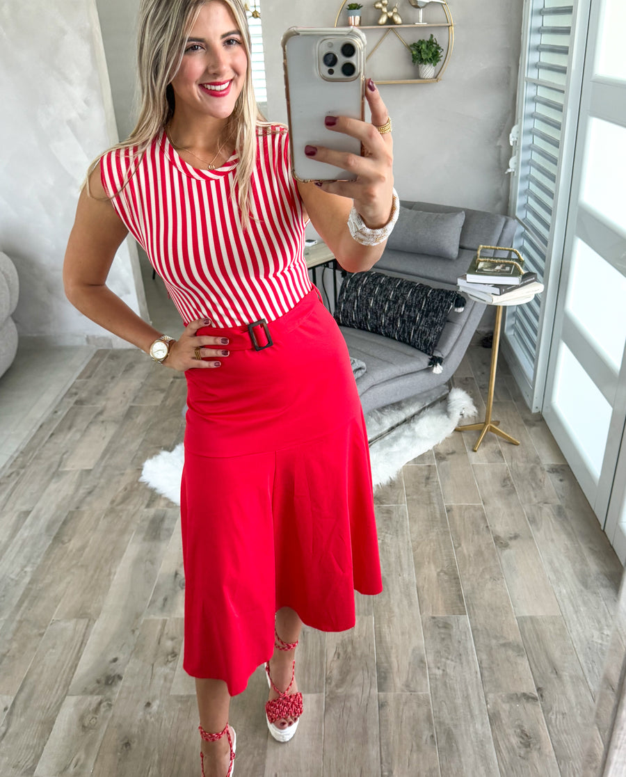 RED STRIPED BELTED DRESS