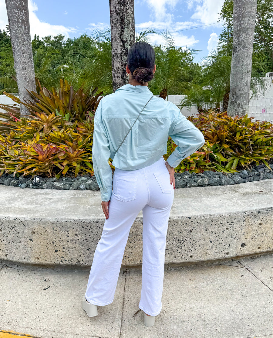 LIGHT BLUE OVERSIZED CROPPED BUTTONED TOP
