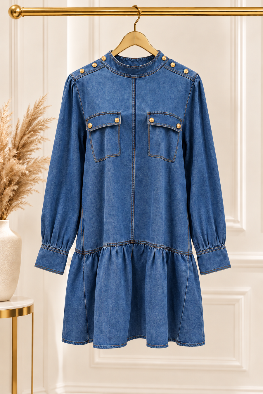 DENIM MOCK LONG SLEEVE SHORT DRESS
