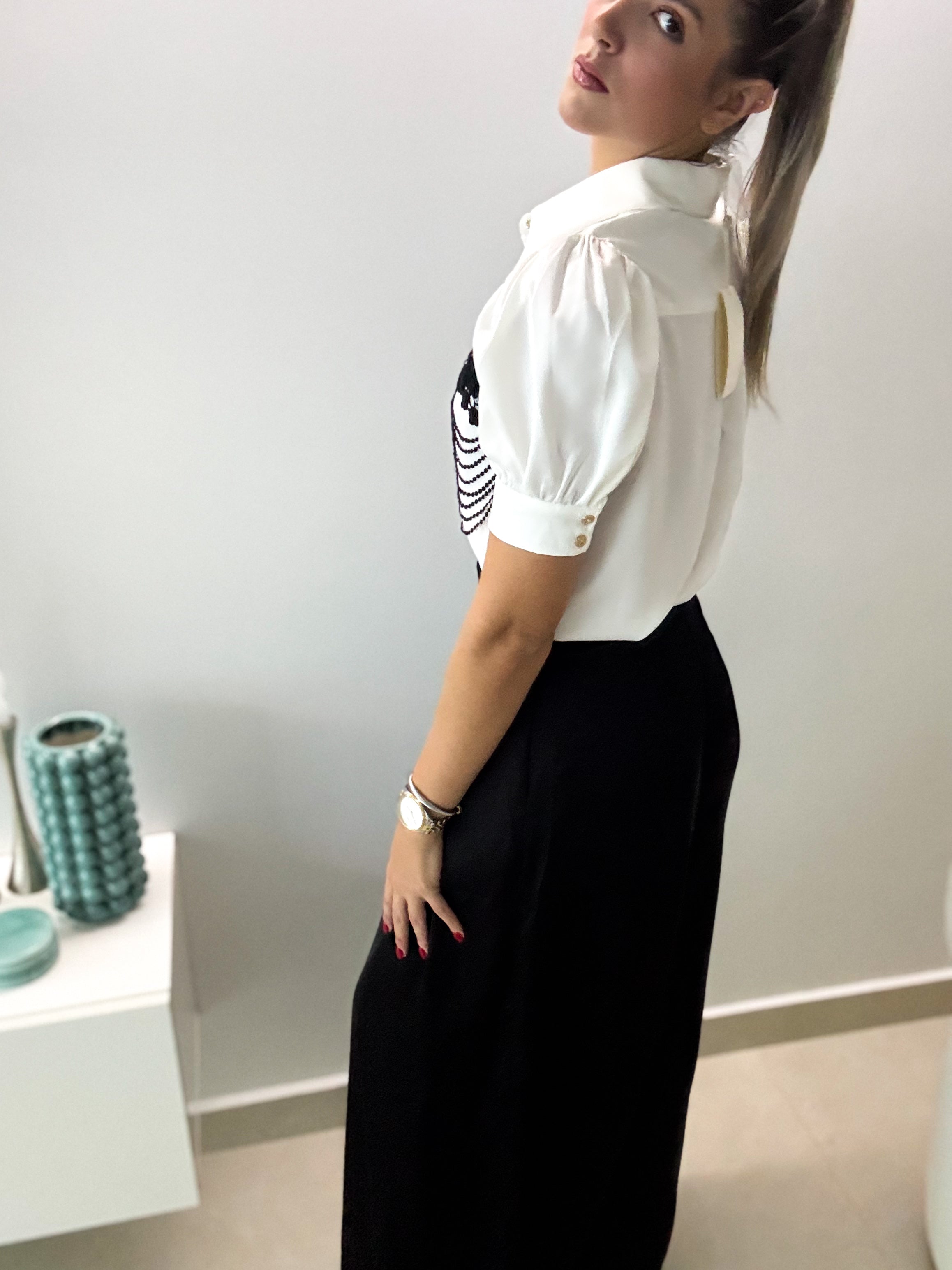 WHITE BLACK DETAILED TOP & BLACK PANT SET