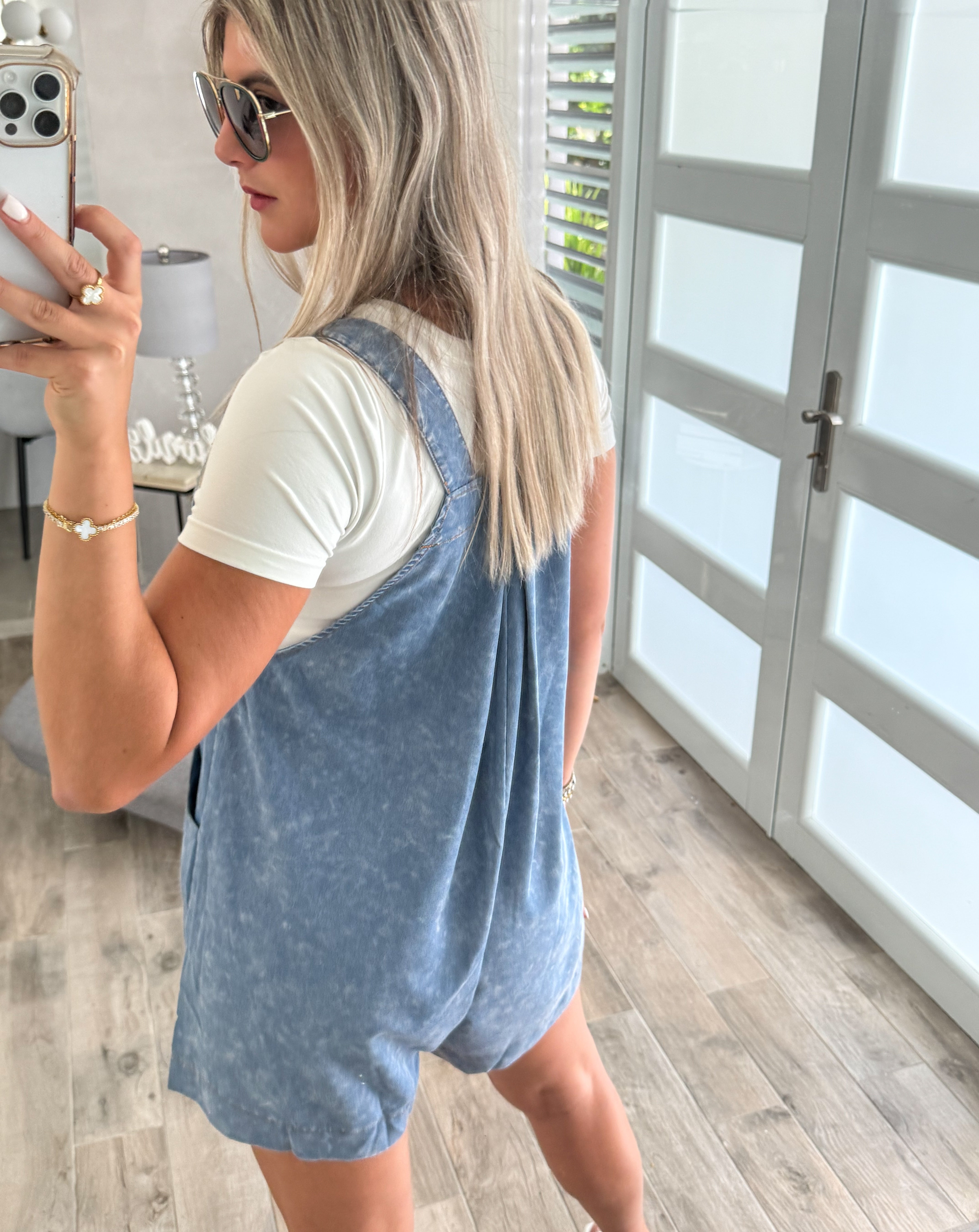 DENIM MINERAL WASH SHORT OVERALL