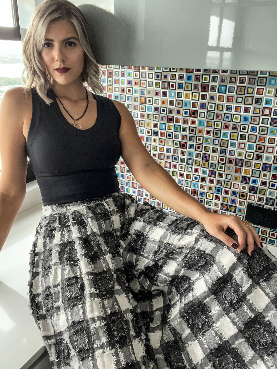BLACK PLAID TEXTURED PALAZZOS