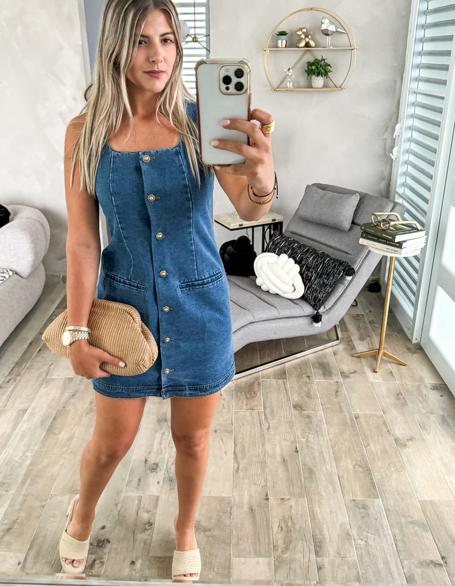 DARK DENIM/GOLD BUTTONED DOWN SHORT DRESS