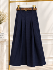 DENIM BELTED STRETCHY MIDI SKIRT