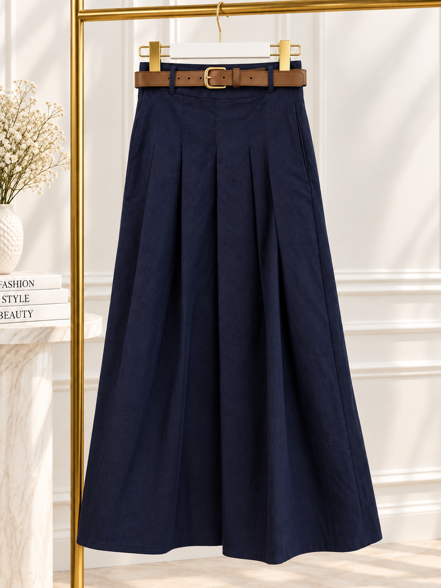 DENIM BELTED STRETCHY MIDI SKIRT