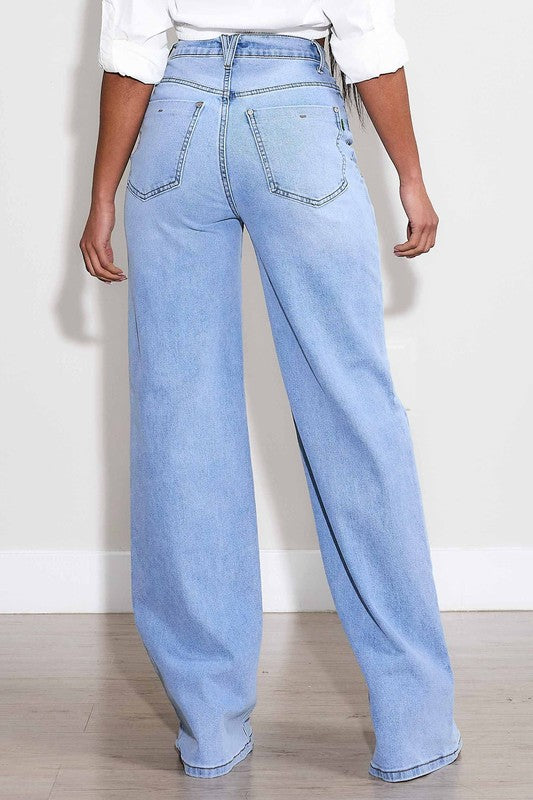 LIGHT DENIM HIGH-WAISTED WIDE LEG JEANS
