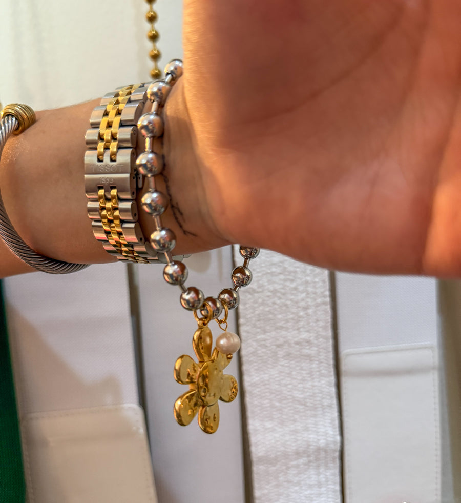 FLOWER TWO TONE BALL BRACELET