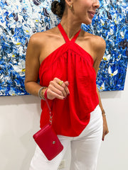 RED SATIN HALTER BLOUSE