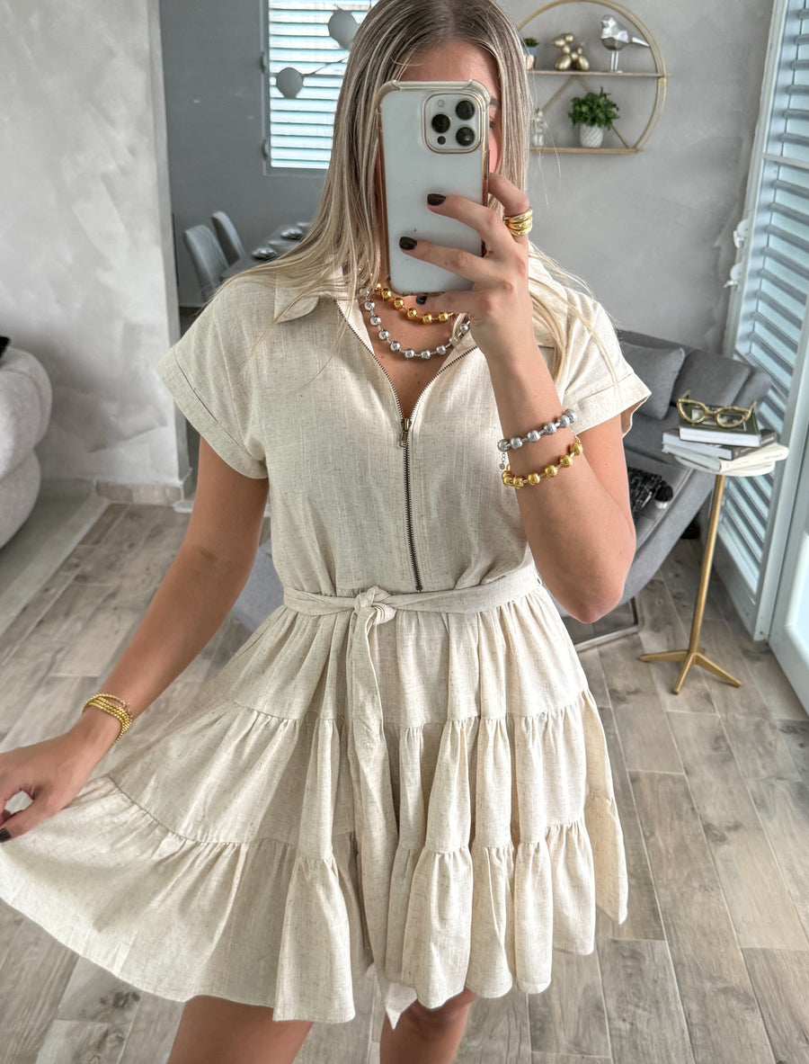 OATMEAL ZIPPER BELTED SHORT DRESS