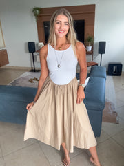 TAUPE/WHITE KNIT CONTRAST MIDI DRESS