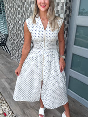 CREAM BLUE POLKA DOT ZIPPER DRESS