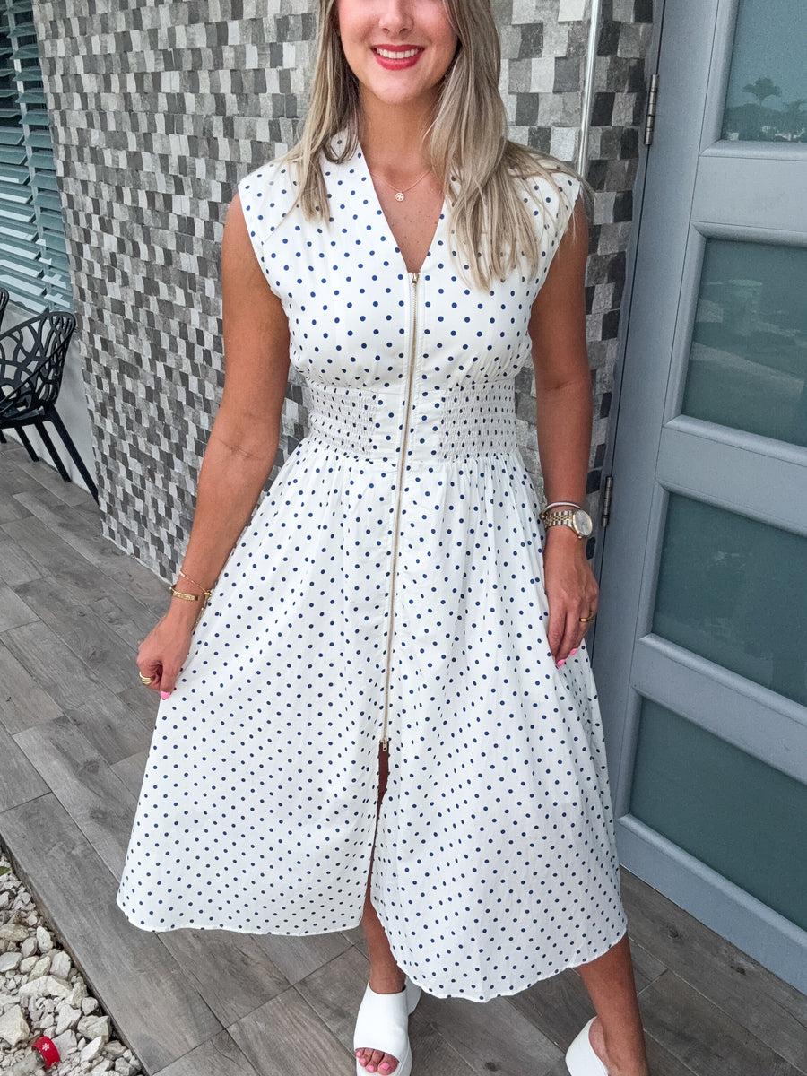 CREAM BLUE POLKA DOT ZIPPER DRESS