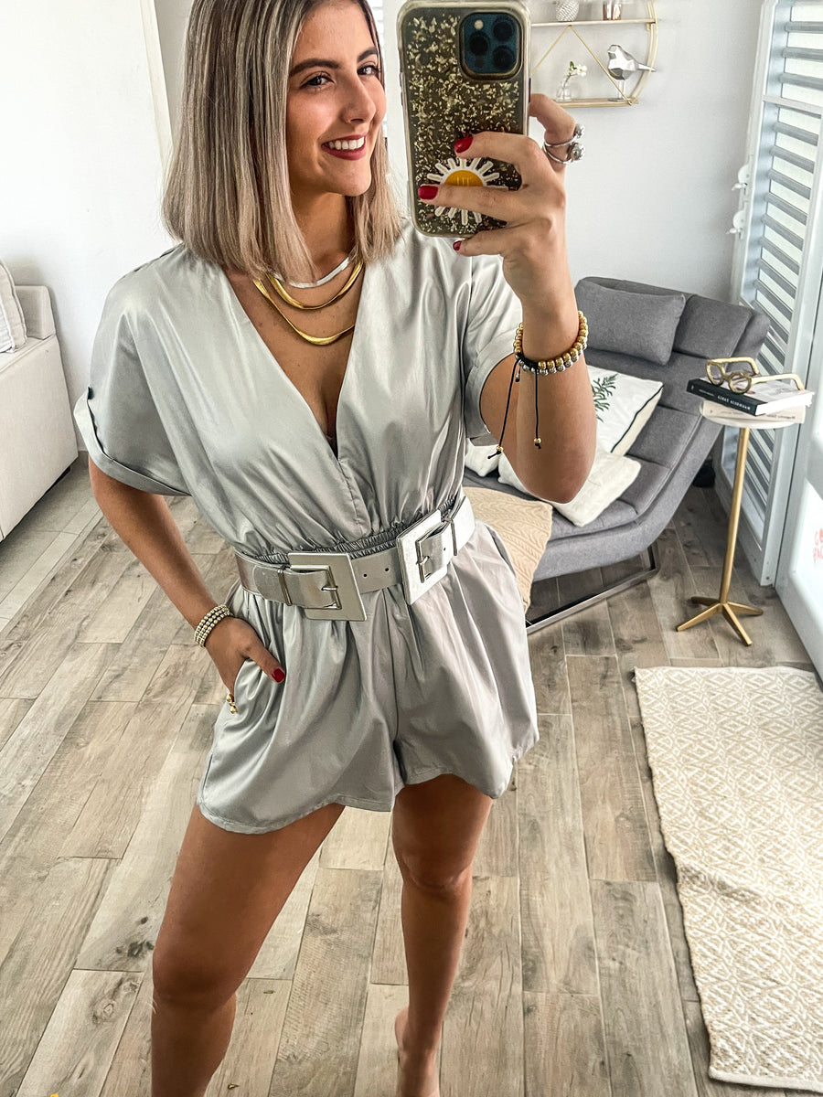 SILVER FAUX LEATHER ROMPER