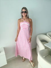 PINK STRIPED EMBROIDERED DETAIL MAXI DRESS