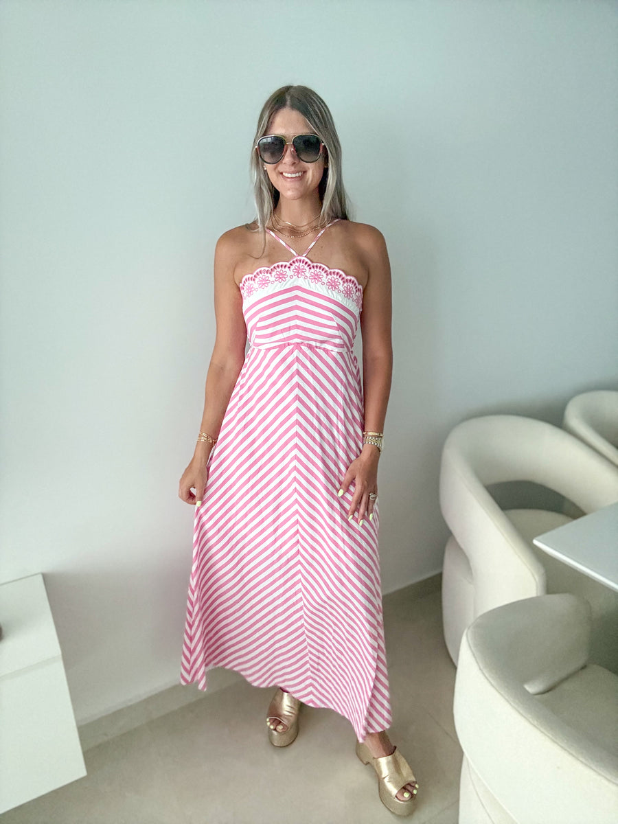 PINK STRIPED EMBROIDERED DETAIL MAXI DRESS