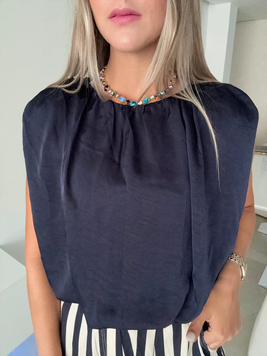 NAVY SATIN BLOUSE