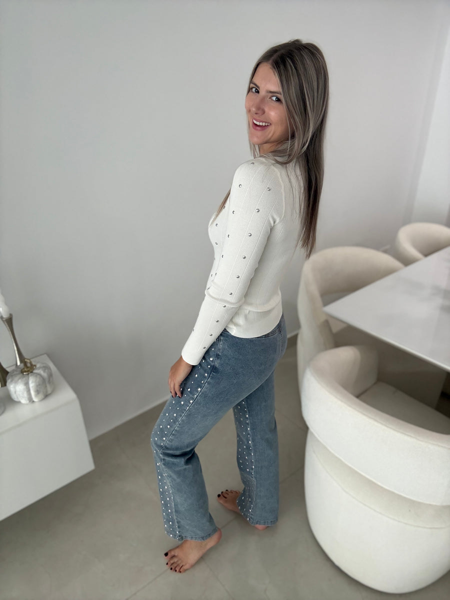 STUDDED LONG SLEEVE KNITTED TOPS
