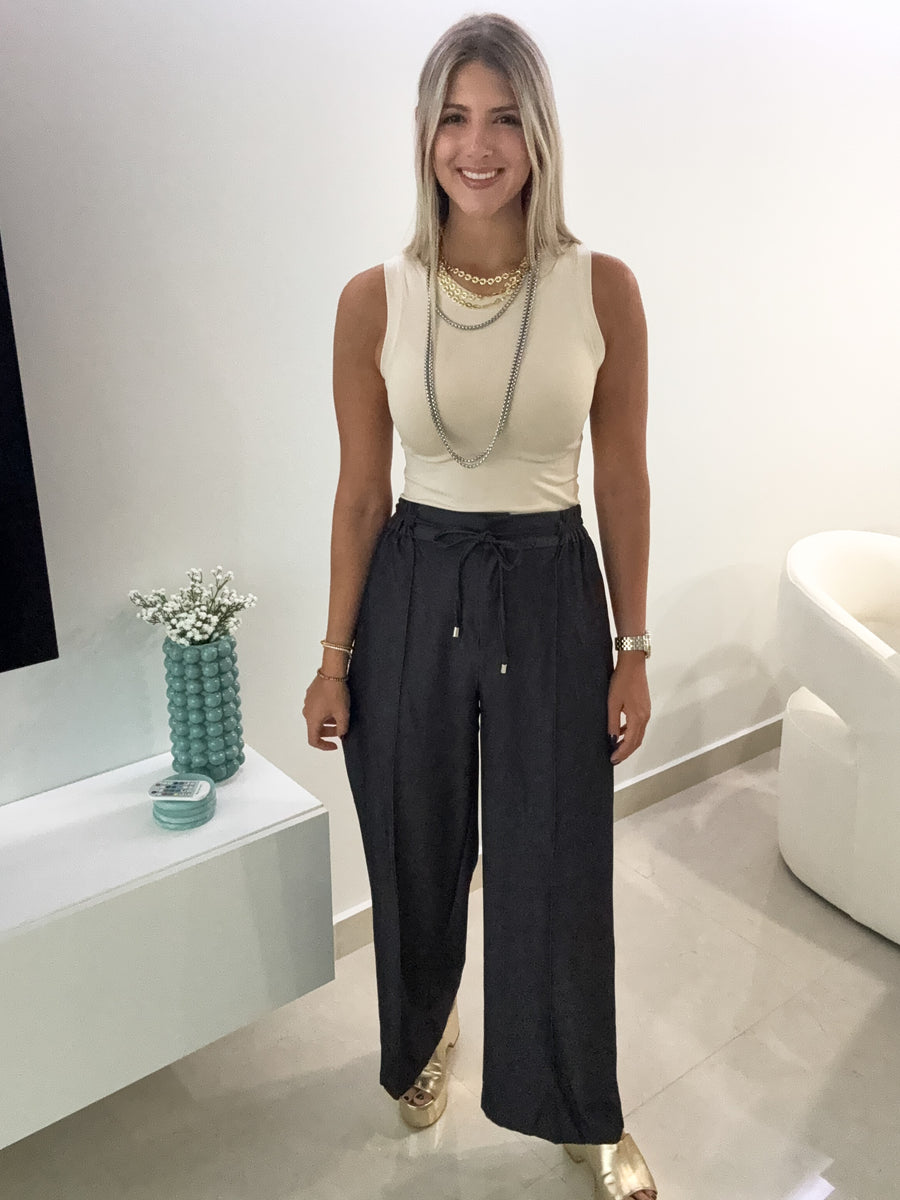 BLACK DENIM WIDE LEG PANTS