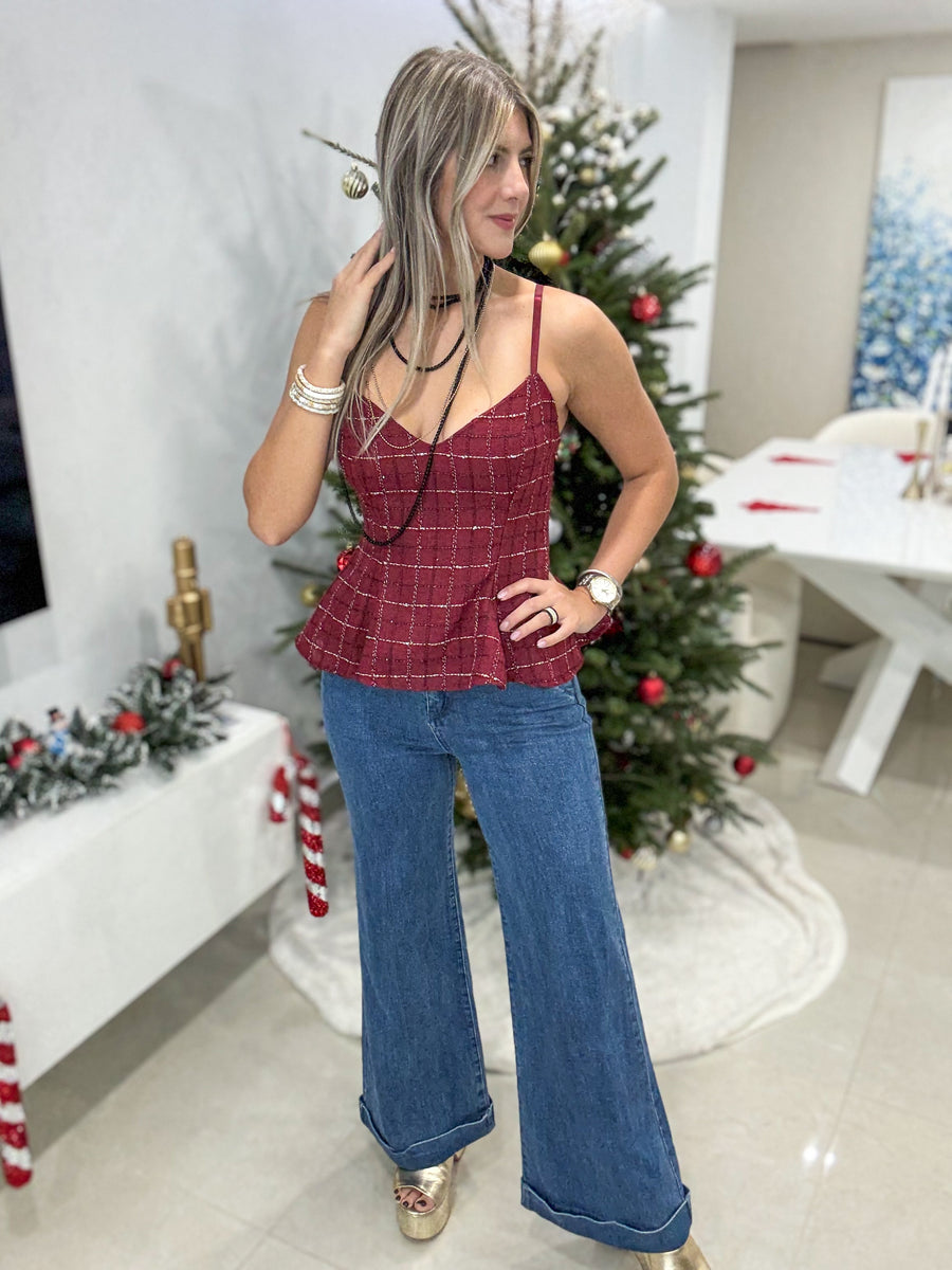 BURGUNDY TWEED PEPLUM BLOUSE