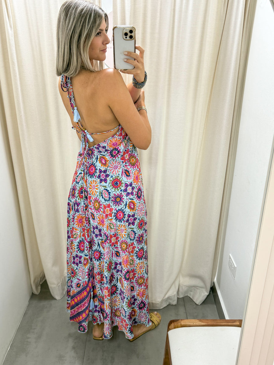 MULTICOLOR FLORAL HALTER MAXI DRESS