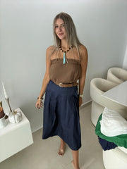 DENIM BELTED STRETCHY MIDI SKIRT