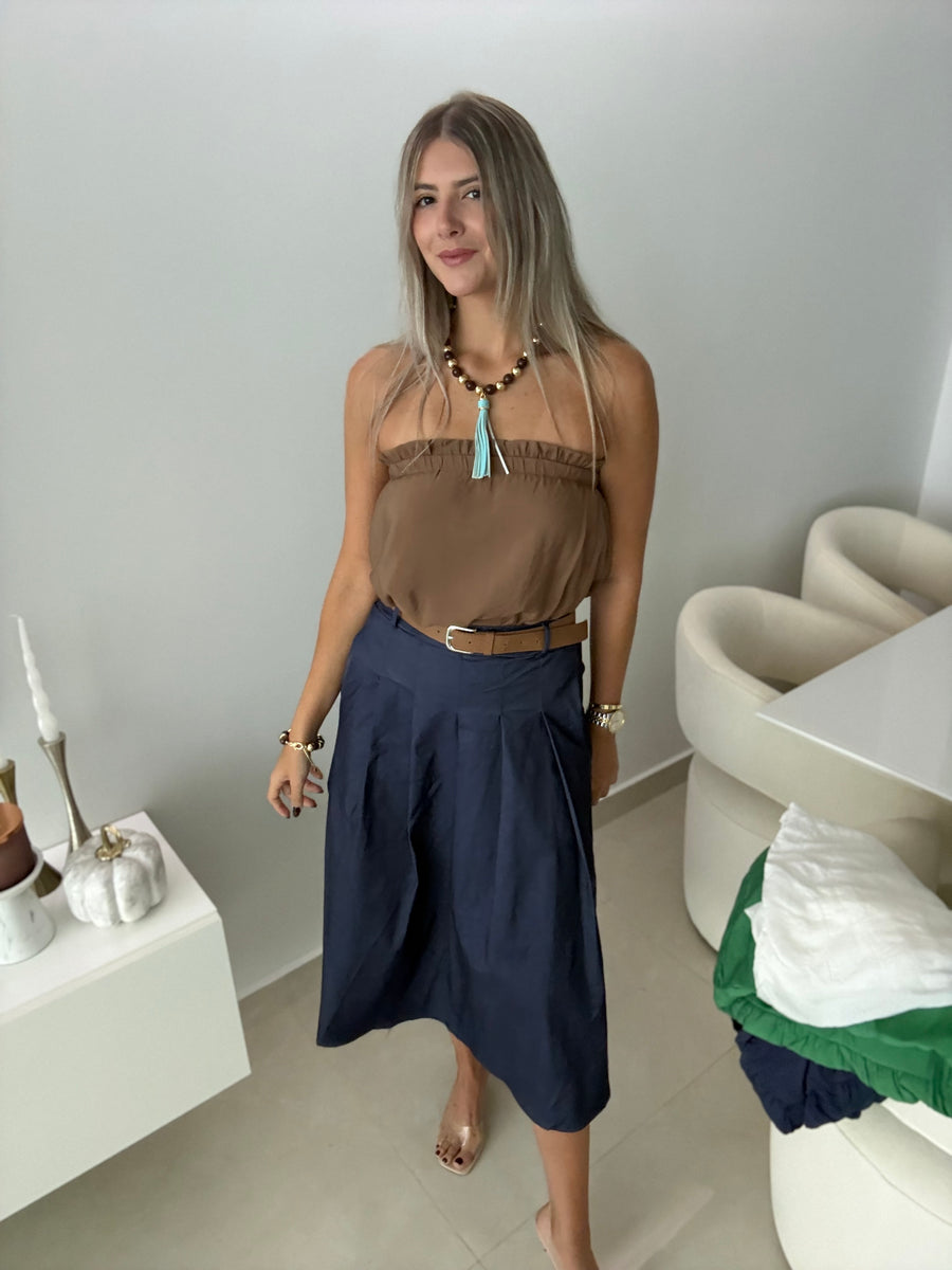 DENIM BELTED STRETCHY MIDI SKIRT