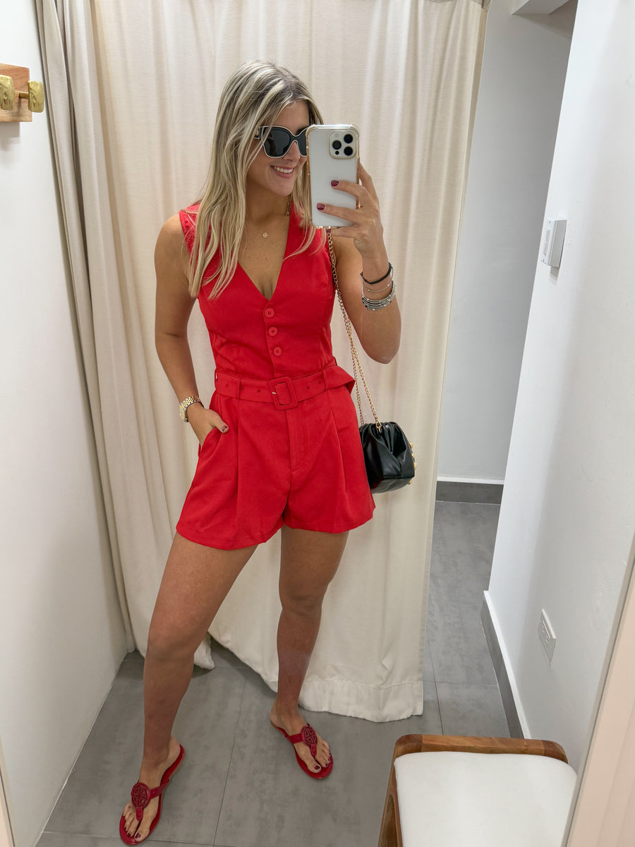 RED SLEEVELESS V-NECK ROMPER