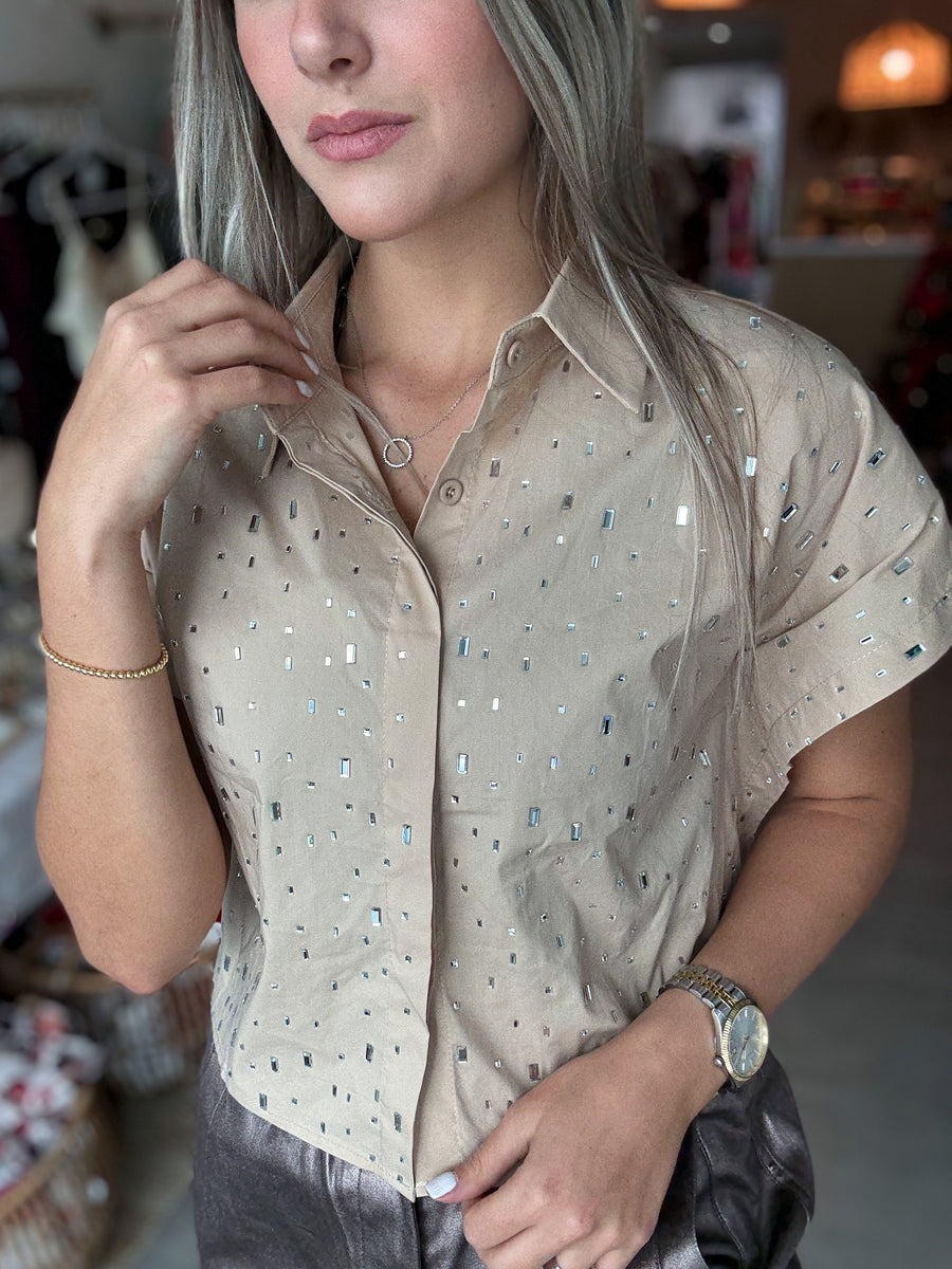 RHINESTONES BUTTONED SHORT SLEEVES TOP